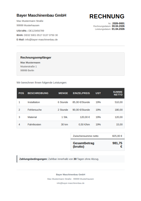 Beispiel einer fertig erstellten SmartInvoice Rechnung